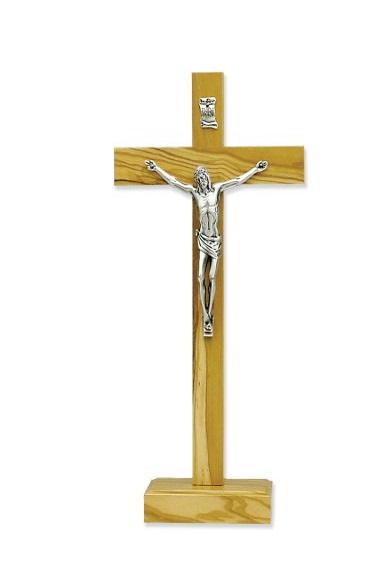 イタリア　 LALCLB48 　卓上　つや消しメタルイエス  オリーブウッド クロス 20ｃｍ　Olive wood Cross + base + metal Christ's body, size cm. 20x9