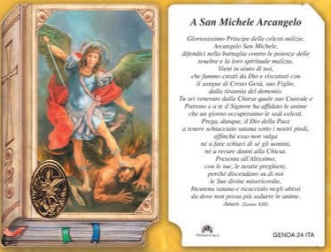 イタリア　聖書型プラ板金箔押ご絵　CRGEN24   大天使ミカエル　84mm×５５ｍｍ　裏面イタリア語の祈り