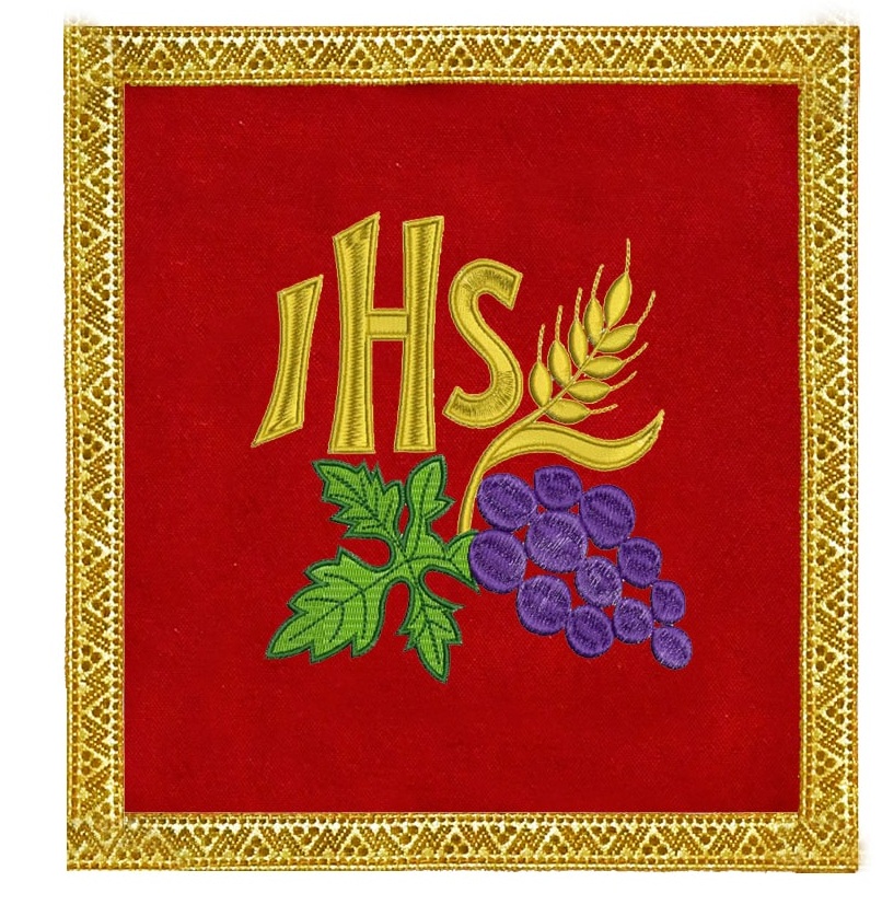 アメリカ　カトリック　カリス　聖杯の蓋　覆い　赤い聖杯の蓋　IHS、小麦、ブドウの刺繍が施された赤い聖杯の覆い　PAL_D170_3R_F29_M06_R