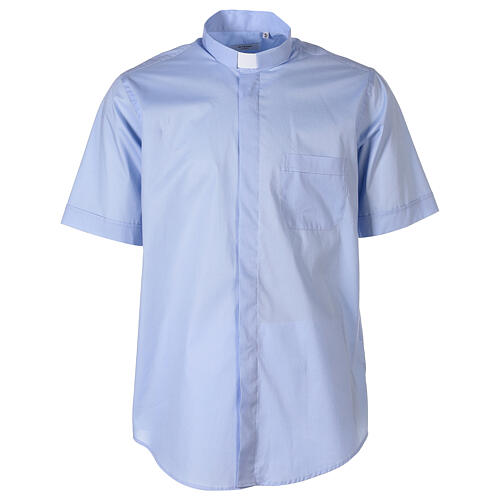 教会住所または寄進者宅のみお届け　聖職者事務服　GALANT　39  40  41  42  43  44  45  明ブルーのコットン混紡 ショートスリーブ シャツ In Primis