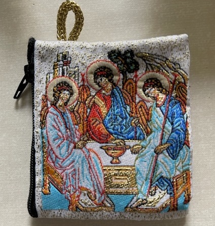 一般不可　転売不可　イタリア　 LALB11-64　布製ロザリオ入れ　８×６．５センチ　三位一体　チャック式　Little cloth purse with image