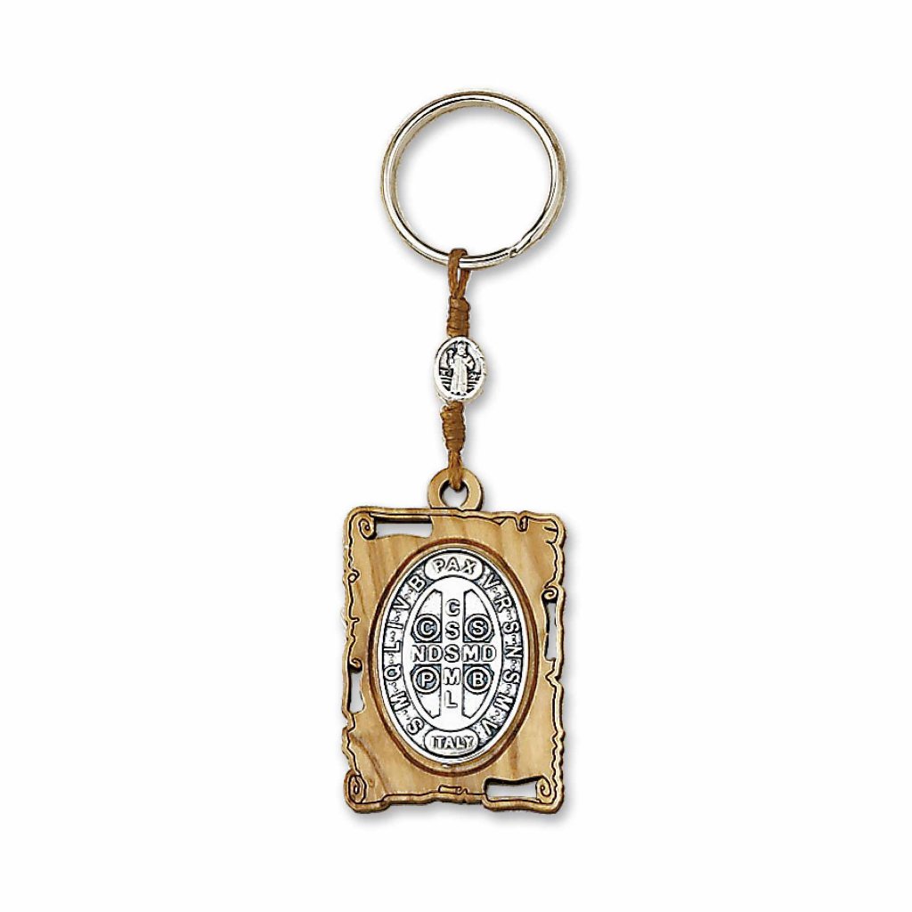 イタリア　 LALPC55SB　聖ベネディクト修道院長メダイキーホルダー　Olive wood key ring, rectangular + St. Benedict binding, size cm. 4.3