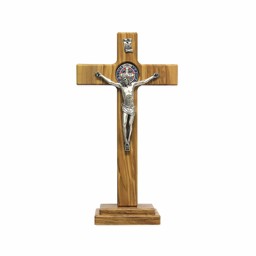 イタリア　LALPG645B　卓上　大３３センチ　カラーベネディクトメダイ　オリーブクロス　Saint Benedict Cross in olive wood with base,body in metal+plated med.cm.33x19