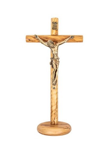 イタリア　 LALPG791BR 　卓上　つや消しメタルイエス  オリーブウッド クロス １８ｃｍ　Round Olive wood Cross with Brushed Metal Christ with Base cm.18x8 - BRONZO