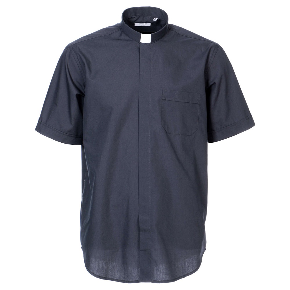 教会住所または寄進者宅のみお届け　聖職者事務服　39  40  41  42  43  44  45  ダークグレーの混合素材 クレリッジカラー ショートスリーブ シャツ In Primis