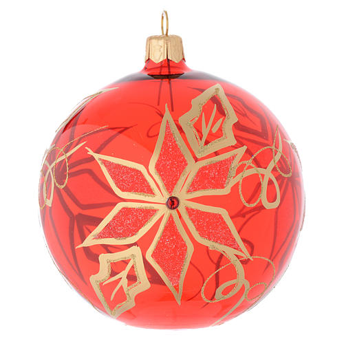 ポーランド手作り　クリスマス 　PR001524　ポインセチア付き赤吹きガラス製ボール 100mm　　　Bauble in red blown glass with poinsettia 100mm