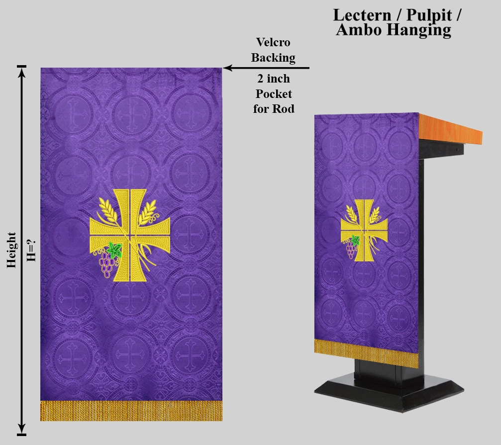 教会住所または寄進者宅のみお届け　 講壇布（前布) または記章用（ハンキング）  紫　クロス麦ぶどう　24×18インチ　縦６０センチ横４５センチ　　