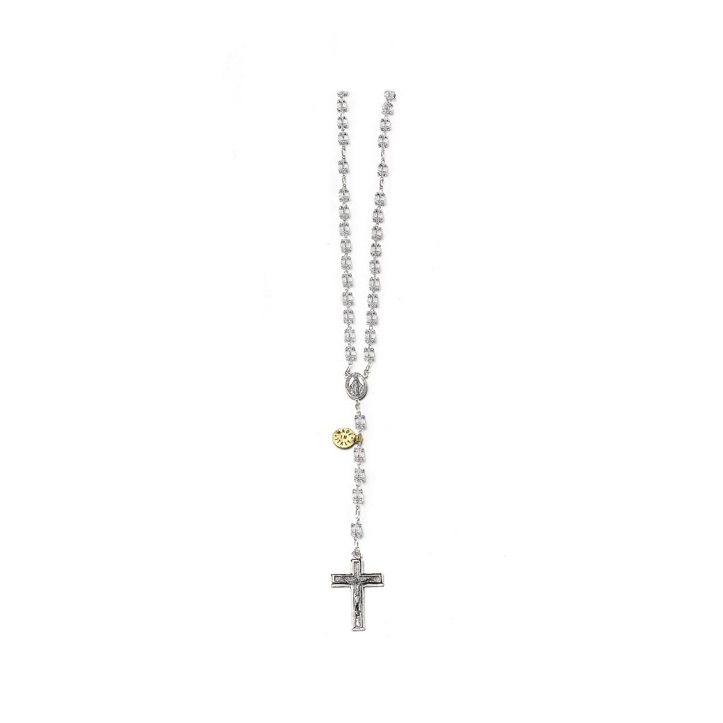 イタリア　 LALRA001 　最高級ロザリオ　スワロフスキークリスタル＆シルバー９２５　６ミリスクエア（四角珠）Rosary in crystal with binding in silver mm 6 with silver Cross