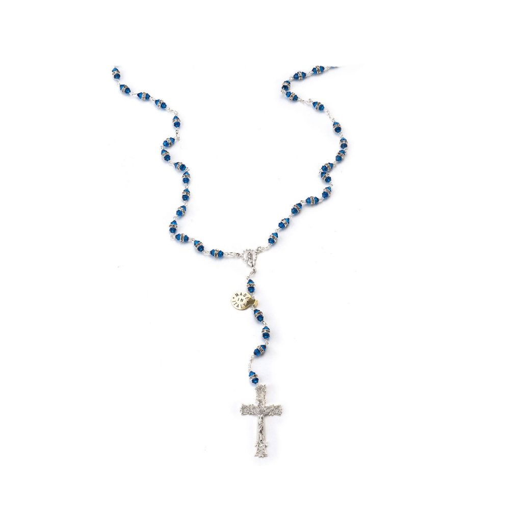 イタリア　 LALRA012BLU　最高級ロザリオ　スワロフスキー＆シルバー９２５　長８ミリ珠　明るめブルーBLU　Rosary in silver and Crystal 8 mm. GENERICO/PERSONALIZZATO