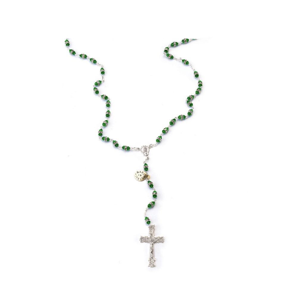 イタリア　 LALRA012G　最高級ロザリオ　スワロフスキー＆シルバー９２５　長８ミリ珠　グリーンVER　Rosary in silver and Crystal 8 mm. GENERICO/PERSONALIZZATO