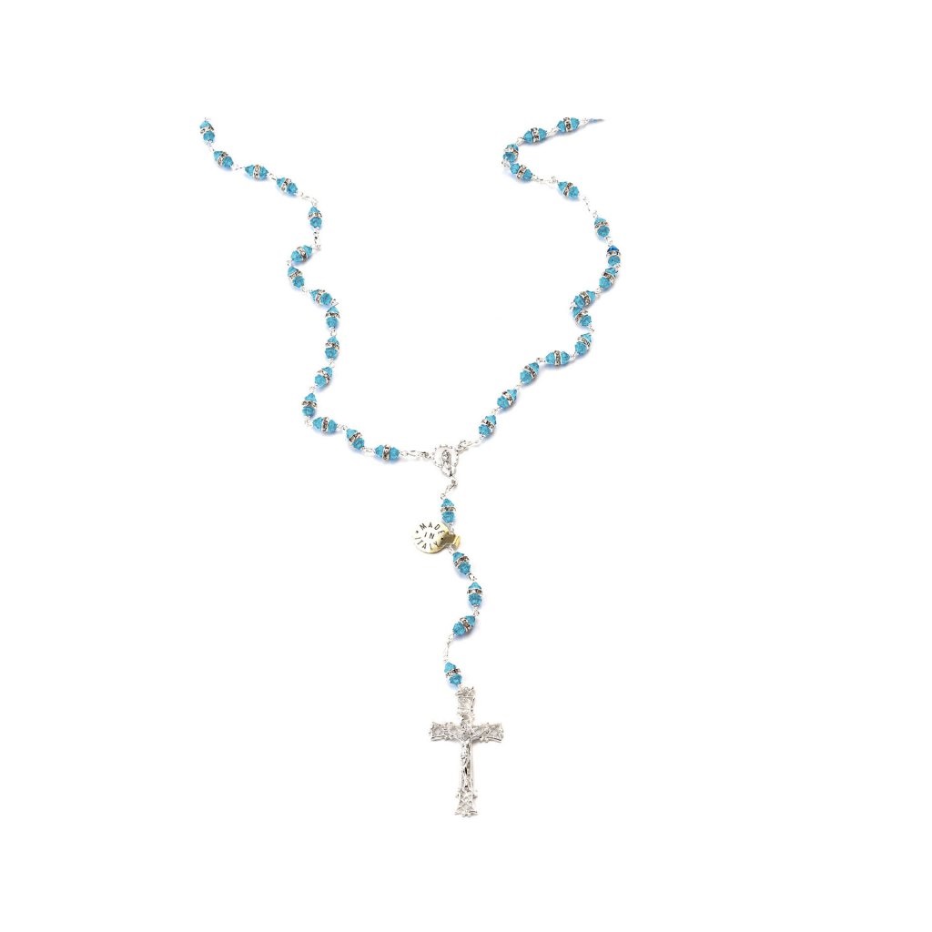 イタリア　 LALRA012LB　最高級ロザリオ　スワロフスキー＆シルバー９２５　長８ミリ珠　アクアブルーLB　Rosary in silver and Crystal 8 mm. GENERICO/PERSONALIZZATO