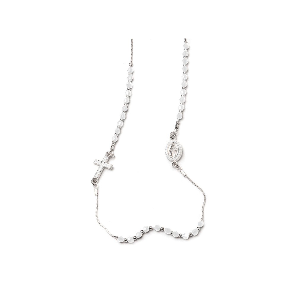 イタリア　LALRA337RGHI　３連ロザリオペンダント   　ロジウムシルバーとクリスタルのコリエ + 奇跡の聖母 - GHIACCIO　　Collier in Rhodium silver and Crystal + Miraculous Madonna - GHIACCIO