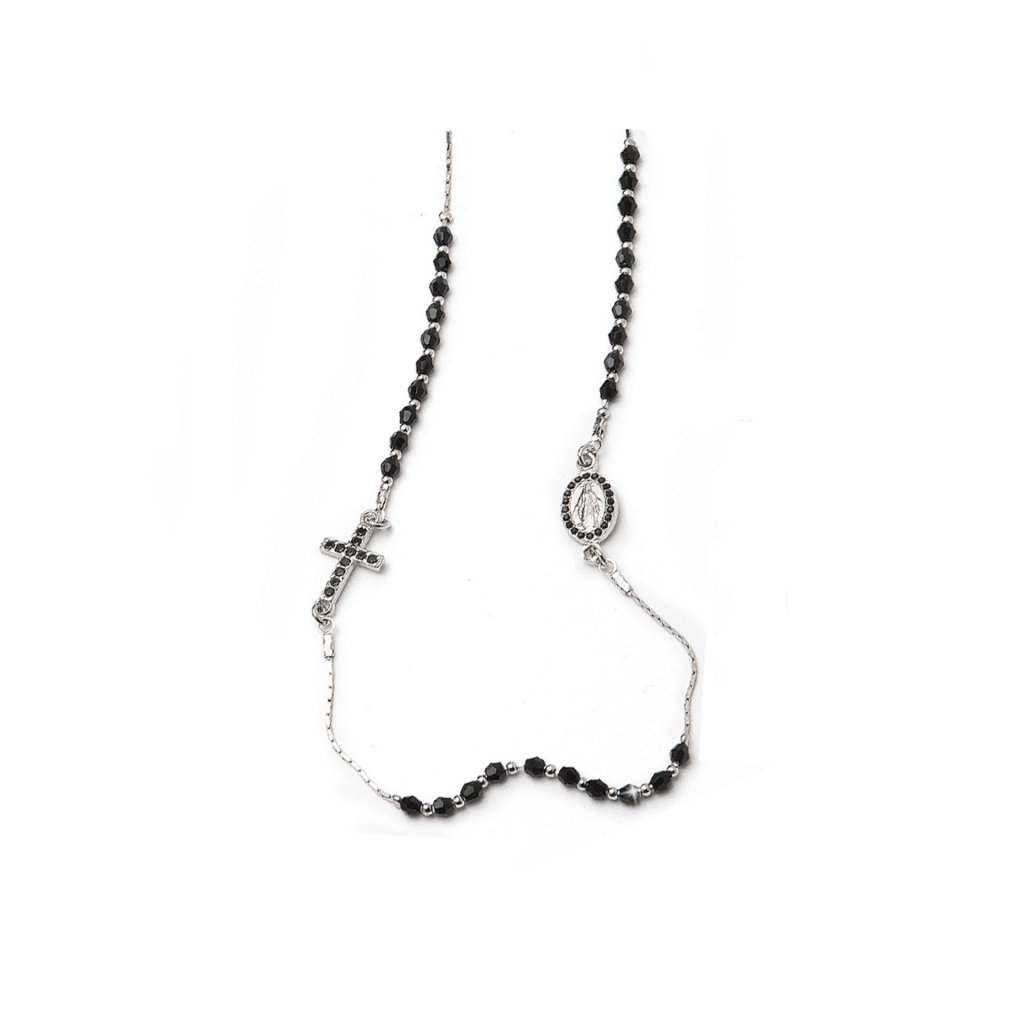 イタリア　LALRA337RNE　３連ロザリオペンダント   　ロジウムシルバーとクリスタルのコリエ + 奇跡の聖母 - NERO　　Collier in Rhodium silver and Crystal + Miraculous Madonna -NERO