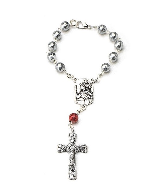 イタリア　 LALRE4035　ロザリオ　旅人人生の守護聖人　聖クリストファーのオープントップ一連ロザリオ　Decade chain and grey glass pearl grains,dotted pattern ø7 Saint Cristopher+snap-hook