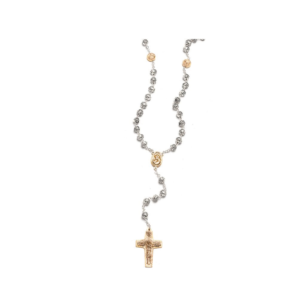 イタリア　 LALRL768BIC  ４つのバジリカと薔薇珠６ミリのロザリオ　金ピース　善き牧者クロス　メタル　Rosary Rosetta mm.6 in oxidised-golden resin - 4 Basilicas