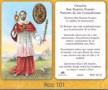 イタリア　プラ板金箔押ご絵　CRRCC101sp　聖ラモンノナート　　84mm×５５ｍｍ　裏面スペイン語の祈り