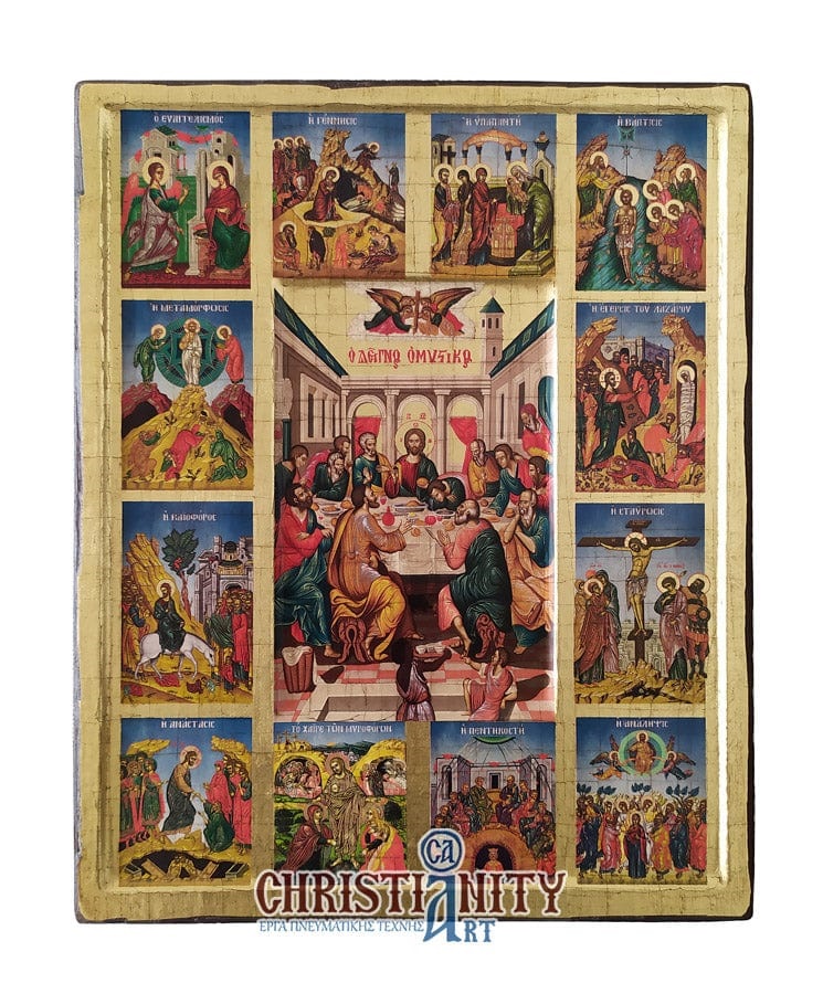 ギリシャ　Iconotechniki S.A　 ドデカオルト　聖なる１２留　EW　１４７７　  ３５０ミリ×２８５ミリ厚み２０ミリ　板絵イコン