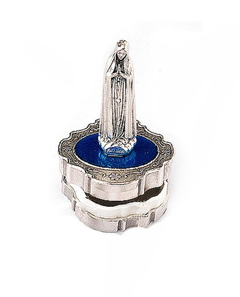 イタリア　 LALSC069　ファティマの聖母卓上小物入れ（４ミリ珠ロザリオまで可能）Box in metal with Our Lady of Fatima statue, oxidised cm. 8x4,5