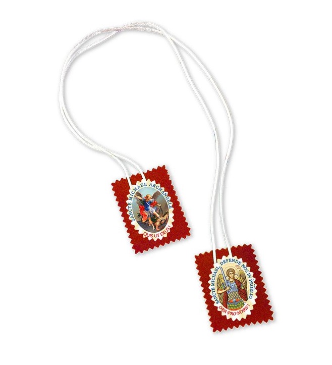 イタリア　LALSP026-SM  　大天使ミカエル　スカプラリオ　3×2.5センチ　　Red Cloth Scapular of Archangel Michael+card cm.3x2,5 SP 026-SM