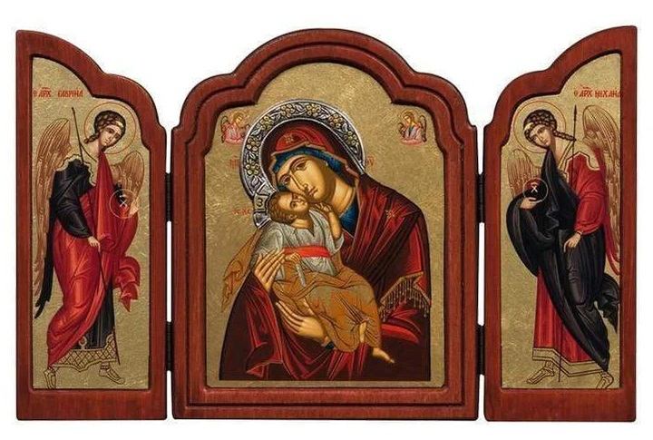 ギリシャ　Iconotechniki S.A　 優しさの聖母子 　三面たて　　TES　103　２０５ミリ×見開き３１５ミリ　板絵イコン