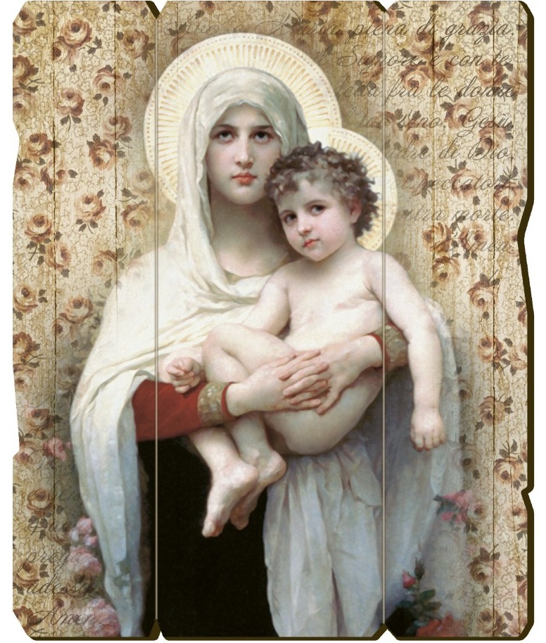 FRATELLI BONELLA　イタリア　壁掛・卓上両用　板絵　FBVINT3-231    子供とマドンナのビンテージスタイルの形をした木製の写真    13.3×10.8×0.8センチ