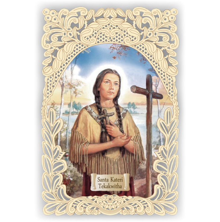 Officina D'Arte Torre　飾りレース紙ご絵　聖カテリ・テカクウィタ Kateri Tekakwitha OAT287 イタリア語祈りカード　