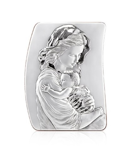 イタリア　 LALC677MB  銀の絵の聖母マリアと赤ちゃん、裏側は木製、サイズcm。 9.5x7 C 677-MB