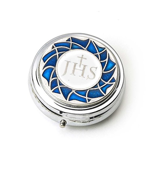 司祭または聖体奉仕者向け販売　　イタリア　SC048-S　PXY　ピクシス　IHS　ブルー　聖体ケース　径４６ｍｍ　Box in metal, round, with plaque in enamelled oxidised metal