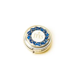 司祭または聖体奉仕者向け販売　　イタリア　SC048DB　PXY　ピクシス　IHS　ブルー　聖体ケース　金色　径４６ｍｍ　Box in metal, round, with plaque in enamelled oxidised metal