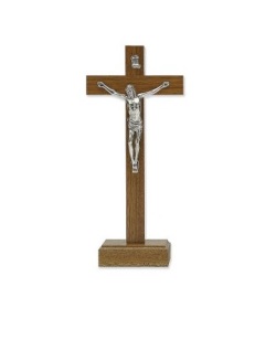 イタリア　 LAL333　ウオールナッツクロス　卓上小　１１×５センチ　Walnut wood Cross with metal base and Christ's body, size cm. 11x5