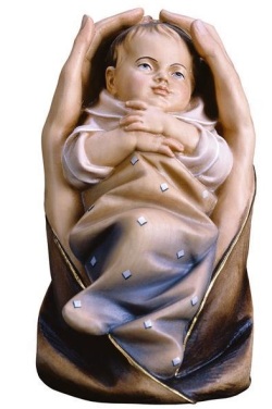 ULPE WOOD ART　イタリア　木彫   守りの手の中の男の子　5センチ　キャンドルツリーケース入り　　PROTECTIVE HANDS BOY + CASE  UP382000B5