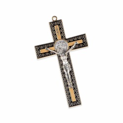 一般不可　転売不可　イタリア　 LALPG387NBL　聖ベネディクト　メタルデザインクロス　金黒　１２×７センチ