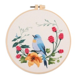 手刺繍用　初心者用　刺繍キット　ROAL713919　青い鳥　２０センチ枠＋刺繍糸＋英語解説書　つき　１セット