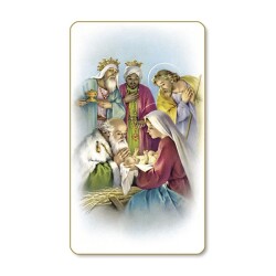 FRATELLI BONELLA　イタリア　紙のご絵   FBALBA46　金縁の聖像「三賢者の礼拝」が淡い青色の背景に描かれた聖像 裏白　5.8x 10.5 cm