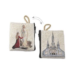 イタリア　 LALB11-15  　布製ロザリオ入れ　８×６．５センチ　チャック式　金地　ルルドの聖堂とご出現　Little cloth purse with image  - MADONNA LOURDES CON BERNARDETTE