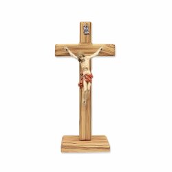 イタリア　 LALPG672B　寄木ボディメタル　卓上聖ベネディクトクロス 　２０センチ　Cross Olive wood S.Ben.+ body metal whit marquetry+card+box+base cm.20,4x10