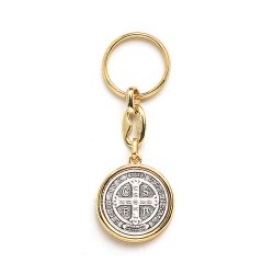 イタリア　 LALPC219D　聖ベネディクト修道院長メダイキーホルダーGolden metal key ring, 2 oxidised metal plates, St. Benedict + card + env, size cm. 3　