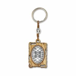 イタリア　 LALPC55SB　聖ベネディクト修道院長メダイキーホルダー　Olive wood key ring, rectangular + St. Benedict binding, size cm. 4.3