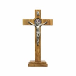 イタリア　LALPG645B　卓上　大３３センチ　カラーベネディクトメダイ　オリーブクロス　Saint Benedict Cross in olive wood with base,body in metal+plated med.cm.33x19