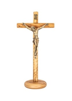 イタリア　 LALPG791BR 　卓上　つや消しメタルイエス  オリーブウッド クロス １８ｃｍ　Round Olive wood Cross with Brushed Metal Christ with Base cm.18x8 - BRONZO