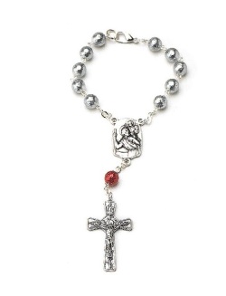 イタリア　 LALRE4035　ロザリオ　旅人人生の守護聖人　聖クリストファーのオープントップ一連ロザリオ　Decade chain and grey glass pearl grains,dotted pattern ø7 Saint Cristopher+snap-hook