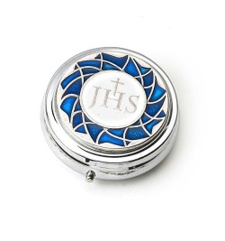 司祭または聖体奉仕者向け販売　　イタリア　SC048-S　PXY　ピクシス　IHS　ブルー　聖体ケース　径４６ｍｍ　Box in metal, round, with plaque in enamelled oxidised metal