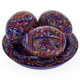 Pysanky 　py0003 ウクライナのPysankyセット　むらさき　手描きの木製イースターエッグ たまご３個皿つき