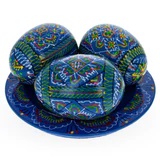 Pysanky 　py0004 ウクライナのPysankyセット　ブルー　手描きの木製イースターエッグ たまご３個皿つき
