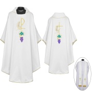 教会住所または寄進者宅 神父 司祭 牧師用 ホワイト:ゴシック・カズラ ストールセット - PAXとクロス刺繍 GV_D170_5W_FPH_M45_RC4_UL