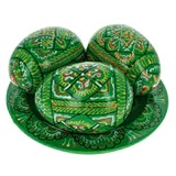 Pysanky 　py0002 ウクライナのPysankyセット　緑　手描きの木製イースターエッグ たまご３個皿つき