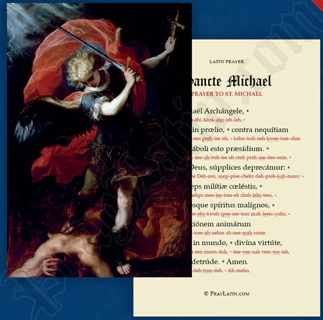 LLC　ラテン語祈りカード　ラテン語の発声表記のある大天使聖ミカエルの祈り　PRAYER TO ST.MICHAEL　１５．２×１０.２センチ　光沢紙（はがきサイズ厚紙）０２４