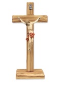 LALCLB-CR  卓上十字架　オリーブの木 十字架 + 銀色の樹脂 キリスト本体 + 台座、サイズ cm。 33x17.5 - レッド