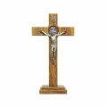 イタリア　LALPG645B　卓上　大３３センチ　カラーベネディクトメダイ　オリーブクロス　Saint Benedict Cross in olive wood with base,body in metal+plated med.cm.33x19