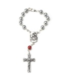 イタリア　 LALRE4035　ロザリオ　旅人人生の守護聖人　聖クリストファーのオープントップ一連ロザリオ　Decade chain and grey glass pearl grains,dotted pattern ø7 Saint Cristopher+snap-hook